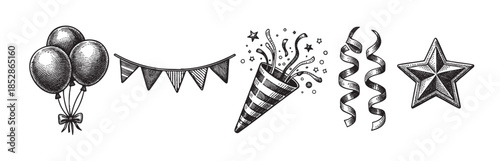 A monochrome sketch of various party decorations including balloons, bunting flags, a party popper with confetti, streamers, and a star.