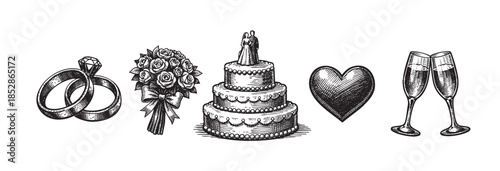 A black and white engraving of wedding celebration elements including rings, a bouquet, a cake, a heart, and champagne glasses, suitable for invitations and decorations.