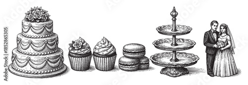 This vintage, black and white illustration depicts a tiered wedding cake, cupcakes, macarons, and a three-tier serving stand, all arranged alongside a bride and groom couple ready for celebration.