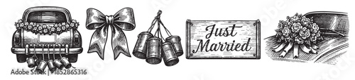 A vintage black and white etching collection featuring wedding car decorations like flowers, a bow, cans, and a "Just Married" sign, perfect for invitations or announcements.