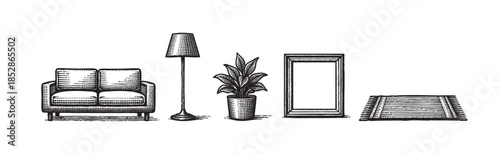 A black and white sketch showcases essential home decor items like a sofa, floor lamp, potted plant, mirror, and rug arranged on a plain background.