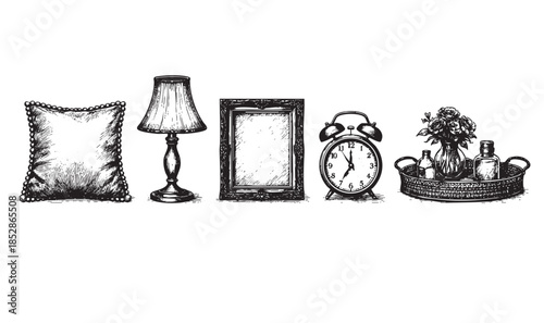 A black and white sketch features a collection of vintage home decor items, including a decorative pillow, a table lamp, an ornate picture frame, an alarm clock, and a tray with flowers and bottles.
