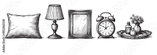 A charming vintage illustration in an engraving style, depicting a row of decorative objects including a pillow, lamp, mirror, alarm clock, and a tray with candles and flowers on a white background.