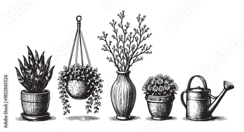 A collection of vintage botanical illustrations featuring potted plants, a hanging basket, a vase with branches, and a watering can, rendered in a classic black and white sketch style.