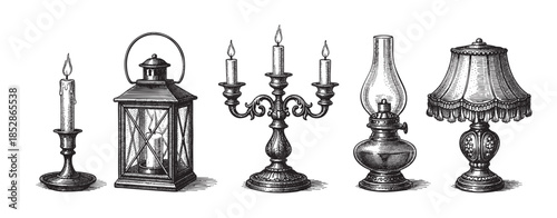 A detailed black and white etching style illustration displays a collection of vintage light sources, including a candle, lantern, candelabra, oil lamp, and table lamp, on a white background.