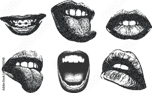Lips and mouth in scream with monochrome photocopy effect, for grunge punk y2k collage design. Elements in stipple halftone brutalist retro design. Vector illustration for vintage music poster or bann