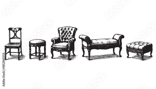 A detailed, monochromatic illustration of a collection of vintage furniture, including chairs, ottomans, and a bench, presented against a clean white background.