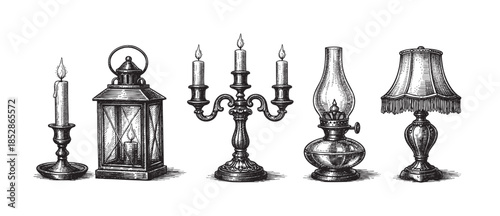 A detailed black and white illustration showcases a collection of antique light sources including a single candle, a lantern, a candelabra, a kerosene lamp, and a fringed table lamp.