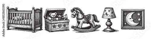 A charming black and white woodcut illustration features a crib, toy chest, rocking horse, lamp, and framed moon art, evoking a nostalgic and whimsical nursery theme.