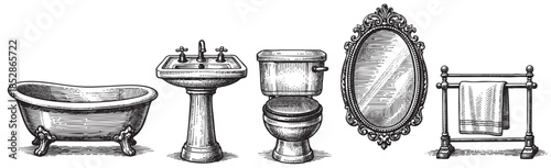 A vintage engraved illustration depicts a row of classic bathroom fixtures including a clawfoot tub, pedestal sink, toilet, ornate mirror, and towel rack.