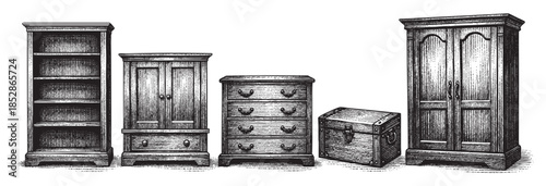 This is a line art illustration featuring a collection of vintage wooden furniture items including a bookcase, chest of drawers, and an armoire.