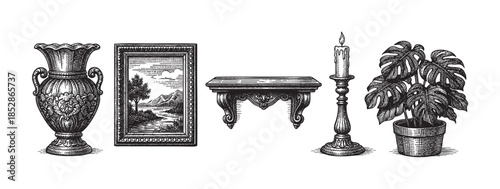 A black and white engraving style illustration featuring a detailed vase, framed landscape art, a decorative shelf, a lit candle in a holder, and a potted plant.