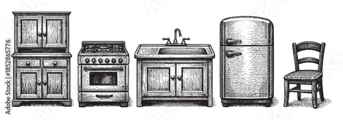 A detailed black and white engraving depicts a classic bedroom set including a bed, nightstand, lamp, wardrobe, and a Roman numeral clock, evoking a timeless and antique feel.