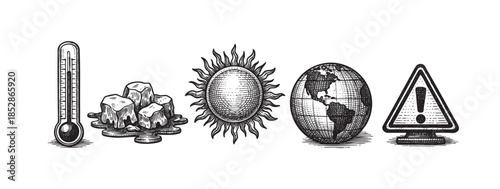 A collection of black and white sketch-style icons representing climate change elements including a thermometer, melting ice cubes, the sun, planet Earth, and a warning sign.