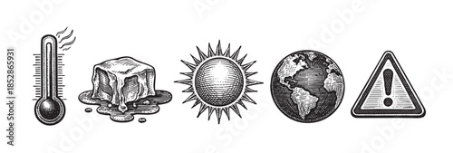 A collection of vintage woodcut style icons depicting a thermometer rising, melting ice, the sun, planet Earth, and a warning sign, symbolizing global warming and climate crisis.
