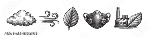 A vintage woodcut-style illustration depicts elements of the environment and industry including a cloud, wind, leaf, face mask, and factory.