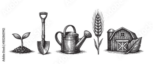 A vintage woodcut illustration depicts essential farming elements including a sprouting seedling, shovel, watering can, wheat stalk, and a rustic barn with silo, suggesting growth and harvest.