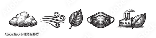This woodcut-style illustration features five icons representing environmental concepts: a cloud, wind, a leaf, a medical mask, and a factory with smokestacks.