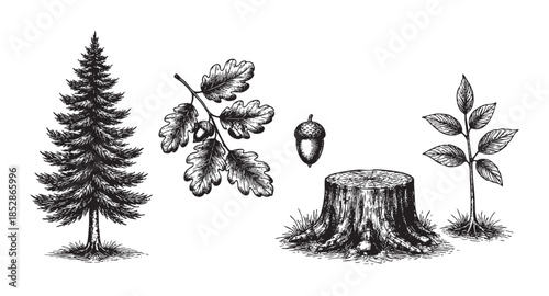 A collection of vintage, hand-drawn black and white illustrations featuring a pine tree, acorn, tree stump, and a leafy sapling set against a white background.