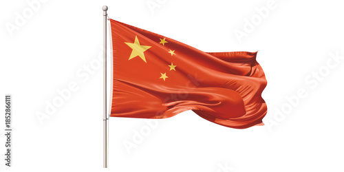 Red Chinese Flag Waving on a Pole with Yellow Stars