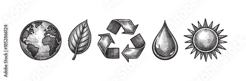 Hand drawn black and white icons representing earth, leaf, recycling symbol, water drop, and sun on white background.