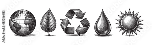 A minimalist hand-drawn illustration in a scratchboard style, featuring five icons representing nature, recycling, and energy.