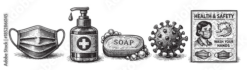 A hand-drawn style illustration featuring essential health and safety items including a face mask, hand sanitizer, soap, a virus depiction, and a health poster.