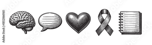 A vintage scratchboard style illustration features a brain, speech bubble, heart, ribbon, and open book arranged in a row on a white background.