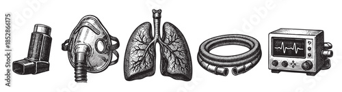 Vintage style line art illustration of asthma inhaler, respirator mask, lungs, breathing tube and ventilator on white background, perfect for medical concepts.