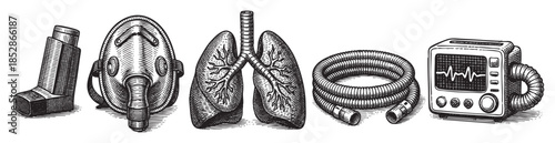 A line drawing in black and white depicts various respiratory medical equipment including an inhaler, oxygen mask, lungs, breathing tube, and ventilator, ideal for healthcare and science concepts.