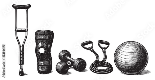 A vintage-style illustration showcases essential fitness and rehabilitation items, including a crutch, knee brace, dumbbells, resistance bands, and a medicine ball, on a white background for versatili
