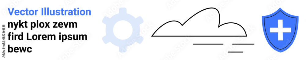 Obraz premium Data protection, cloud technology, cybersecurity, storage solutions, tech infrastructure, system integrity. A shield with a cross, a cloud and a gear icon. Cybersecurity and cloud technology