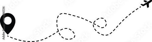Airplane routes flight path vector with location pins. The flight path of the aircraft from the point of location along the dotted line. Airplane line path icon of airplane flight route. Transparent 