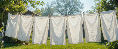 Hanging white sheets drying in sunlight backyard photography natural environment eye-level view domestic serenity