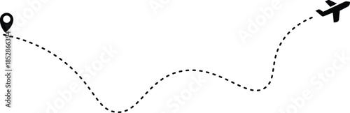 Airplane routes flight path vector with location pins. The flight path of the aircraft from the point of location along the dotted line. Airplane line path icon of airplane flight route. Transparent 