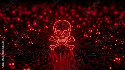 Cyber Security Breach Concept with Glowing Red Digital Skull and Crossbones on Circuit Board Background