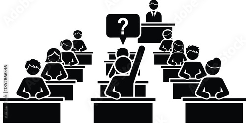 Black Silhouette Illustration of Students in Classroom with One Student Raising Hand Asking a Question to a Teacher During Lecture.eps