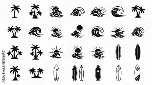 Collection of black and white surfing and palm tree icons Vector, illustration