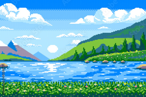 Summer landscape with river and flower field on mountain and blue sky background pixel art, classic game.