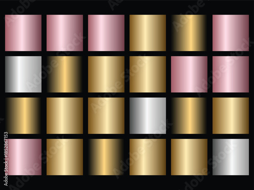 Set of Metallic Gradient Swatches including Rose Gold, Gold, and Silver Vector Collection