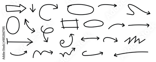 Hand drawn vector arrow set. Hand drawn arrow vector icons set. Sketch arrow design for business plan and education. Set of arrows black icons. Circle arrows, rotate arrow. vector illustration