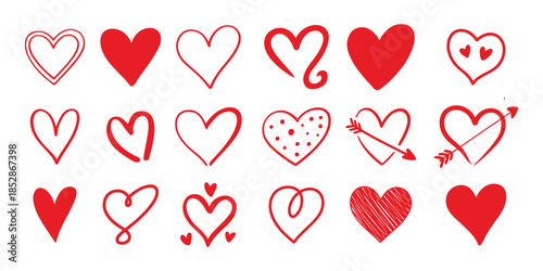 Set of heart doodle element vector. Hand drawn doodle style collection of different heart, love symbol. Heart, love, romance or valentine's day red heart. Heart vector icons. vector illustration 