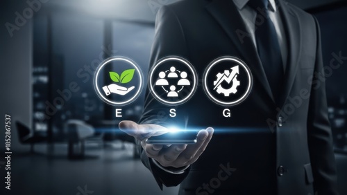 ESG Sustainability Standards: Businessman holding smartphone with environmental social and governance icons for corporate responsibility