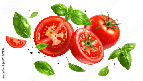Juicy tomatoes and basil leaves arranged on black, some tomatoes are sliced