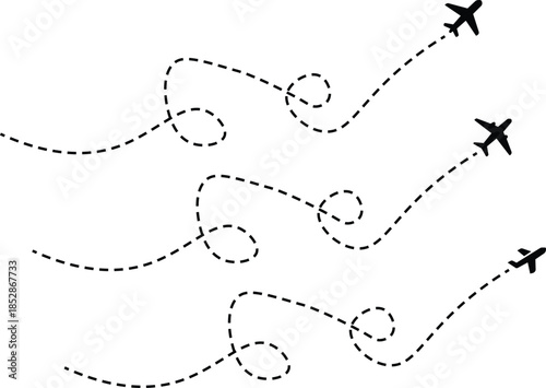 Airplane route with dotted flight path. Airplane with curved dotted flight route. flight path with dotted line, aviation concept, travel background. Airplane line path icon of airplane flight route