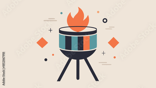 Minimalist barbecue grill with open flame in flat modern style, symbolizing outdoor cooking and summer activities
