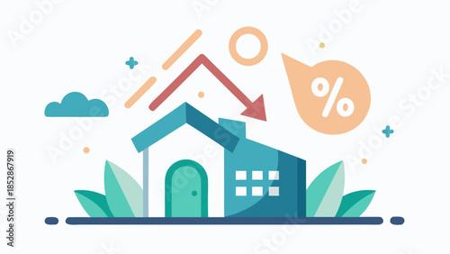 House with percentage symbol and downward arrow representing falling mortgage rates and decreasing housing market values