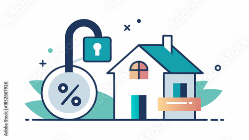 House with percentage symbol and unlocked padlock representing mortgage, loan approval and real estate interest rates