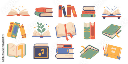 Cartoon Books and School Textbooks Set: Reading Literature Concept with Bookmarks. Stacked and Open Books, Library Elements, and Bookshelf Graphics for Study and Education Design.