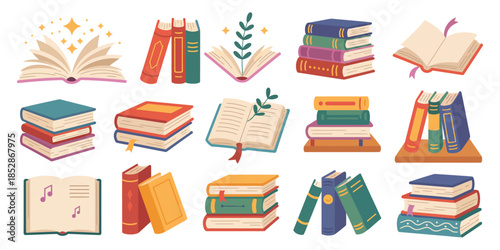 Cartoon Books and School Textbooks Set: Reading Literature Concept with Bookmarks. Stacked and Open Books, Library Elements, and Bookshelf Graphics for Study and Education Design.